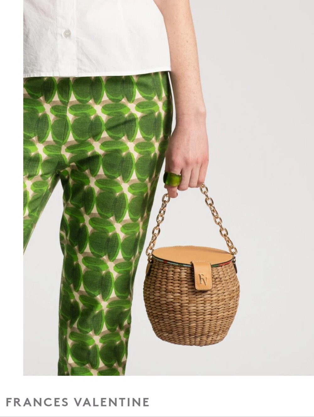 Frances Valentine Wicker Honeypot Bucket Bag with Gold Chain & Tan Trim
